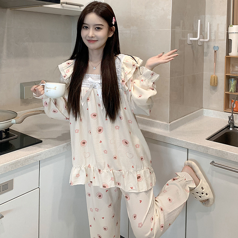 Princesa estilo pijamas de las mujeres tejido crepe encaje algodón cuello cuadrado suéter manga larga Otoño e Invierno dulce desgaste del hogar traje