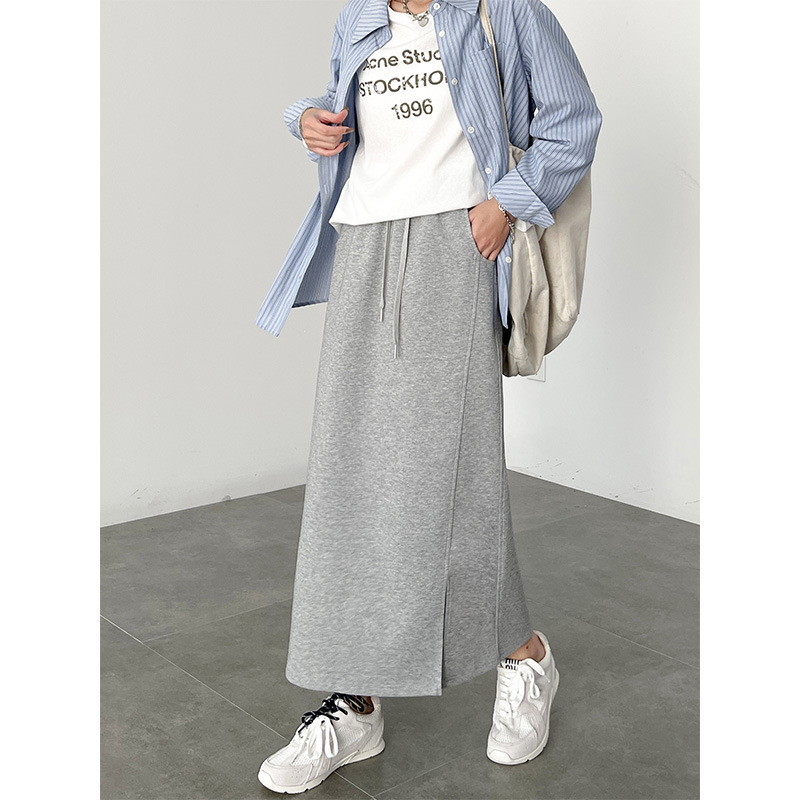Gray Women's Skirt, Spring and Autumn 2026 New Style, Sporty Midi Skirt with Slit, Straight Fit, High-End Feel