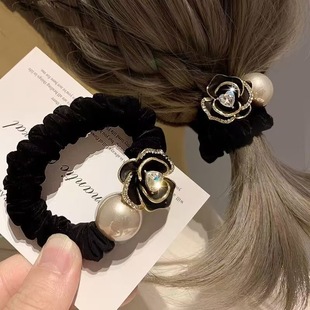 2025 New High-End Rhinestone Camellia Pearl Headband Elegant High-Elasticity Scrunchie Hair Tie for Women