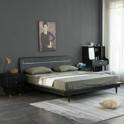 北歐表情家具現代簡約黑色橡木全實木黑胡桃木雙人床民宿家居代發