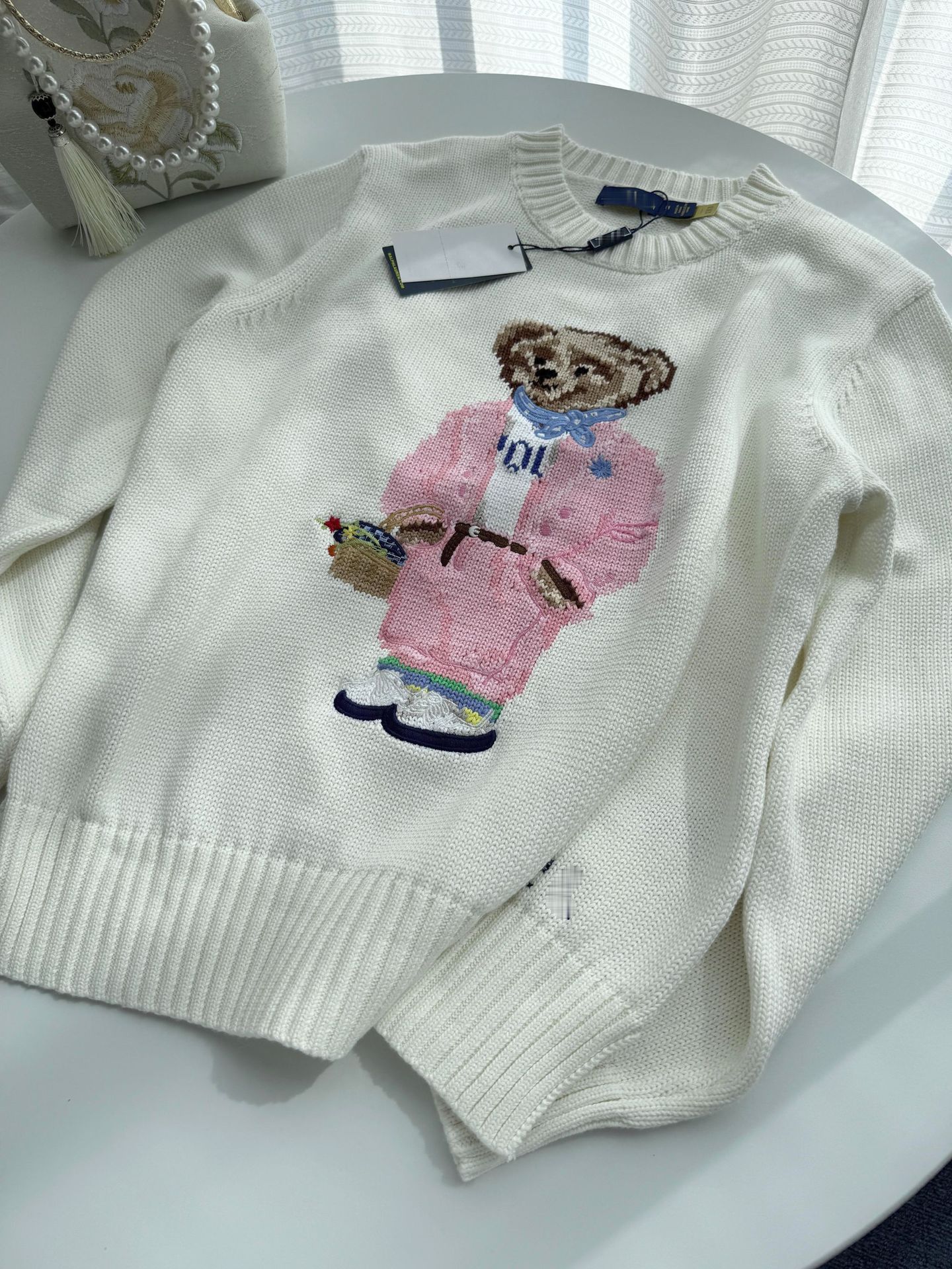 RL/スキャン可能なクマ重工業刺繍 2025 秋冬ピュアコットン漫画ラウンドネックニットセーターレディースカジュアル