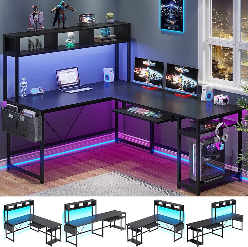 L-shaped computer table game table with LED light, keyboard tray and storage bag, suitable for home office