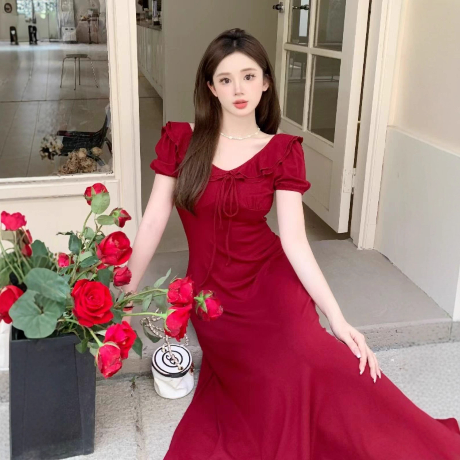 Haze禾枝新中式清冷感竹叶印染法式荷叶边绿色连衣裙气质a字裙