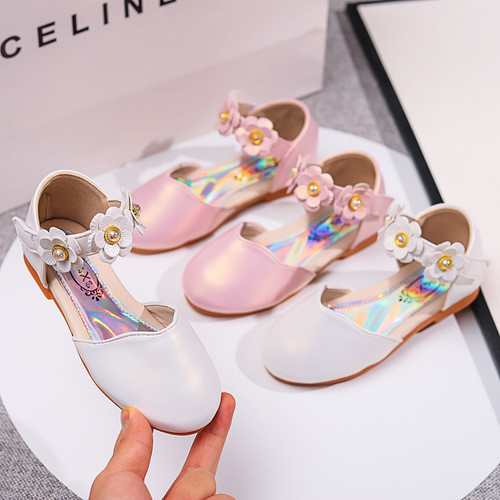  Spring and Autumn New Girls' Shoes Princess Shoes Soft Sole Flower Round Toe Velcro Leather Shoes Fashionable Children's Shoes