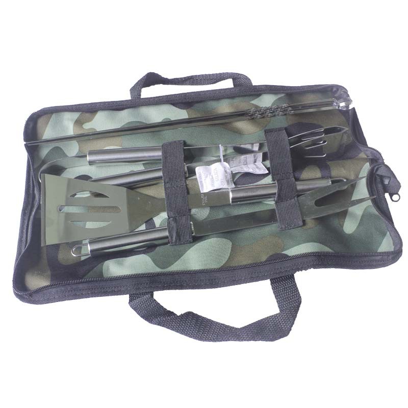 [Fuente de fábrica] de acero inoxidable barbacoa herramientas de camuflaje bolsa de tela de tres piezas con pinchos mango tubo parrilla