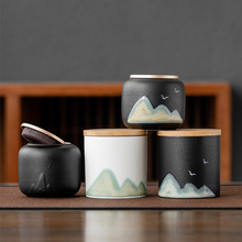 手绘远山陶瓷茶叶罐密封罐小号家用茶罐陶罐储存罐跨境罐子批发