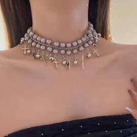 甜酷珍珠十字架铃铛潮流项链女个性叠戴锁骨链小众设计气质颈链潮