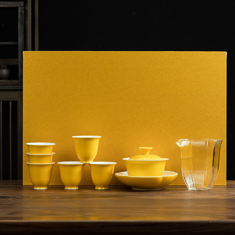 Kung Fu Tea Set suit Chinese Rock Tea White Porcelain Ruihuang Lotus Cover Bowl High-grade Ceramic Tea Cup Gift Box Cover Bowl Cup