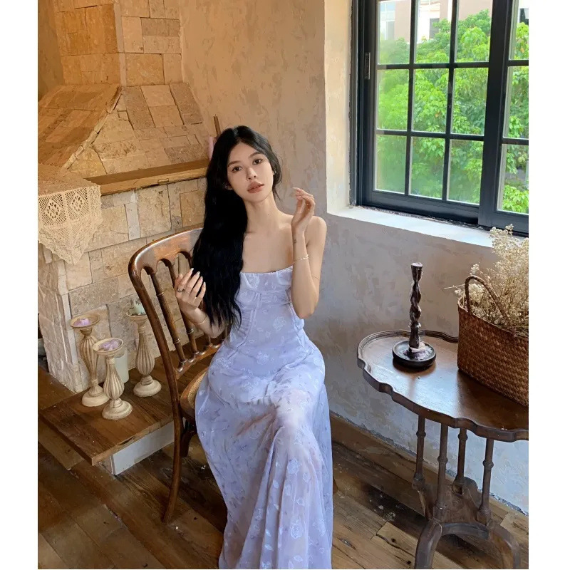 雰囲気のある紫色の花柄ウエストサスペンダードレス女性の夏の新しい純粋な欲望スタイルのハイエンドの絶妙で美しいロングスカート|undefined