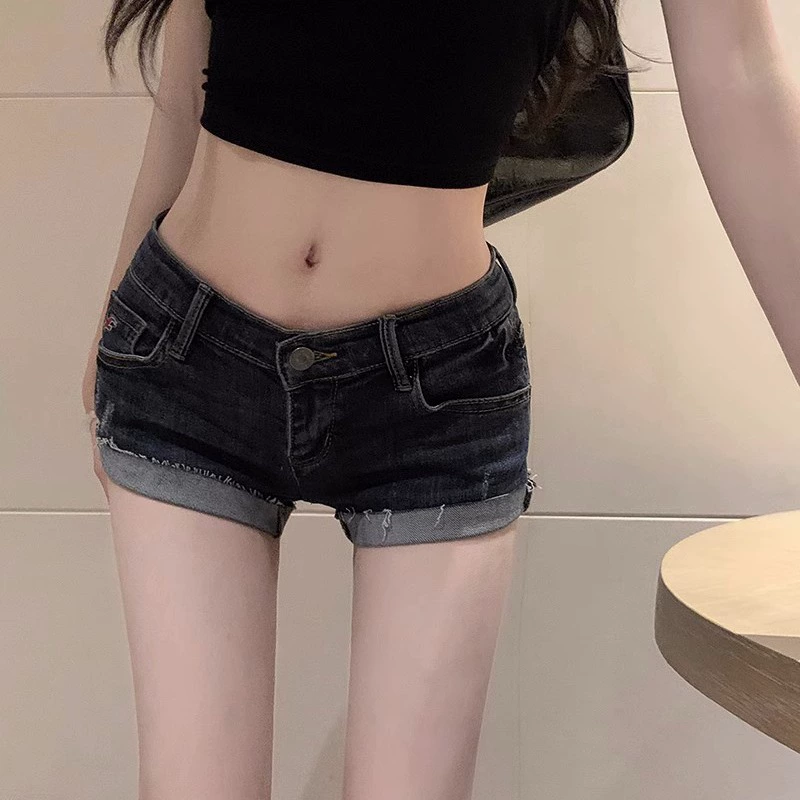 Denim summer shorts women, American style, loose straight fit, blue