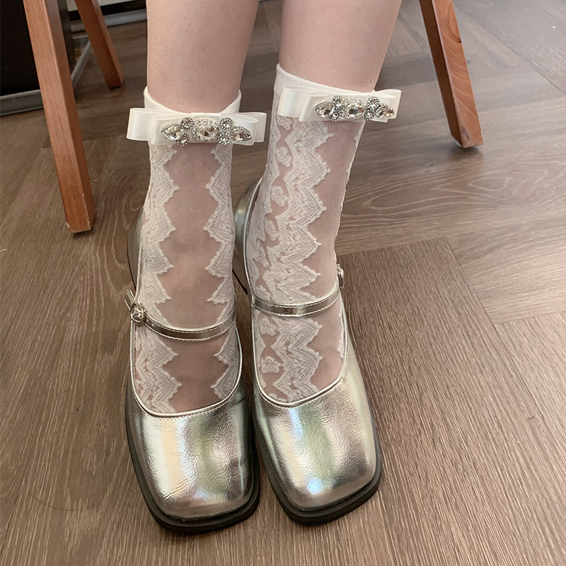 Retro court lace princess Crystal socks bow rhinestone glass silk socks summer thin Lolita socks