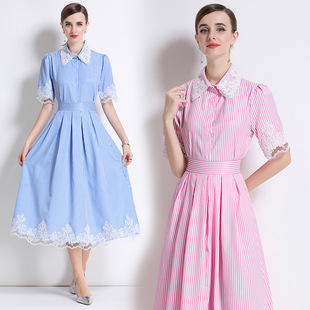 Blue Design Lace Short-Sleeved Stripesd Shirt Suit Women's Summer Pleated A-Line Skirt Two-Piece Set