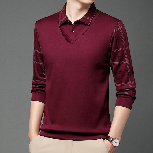 Men's Spring and Autumn Collared Long-Sleeve Checkered Polo Shirt for Middle-Aged and Elderly Leisure Splicing Two-Piece Business Casual Shirt