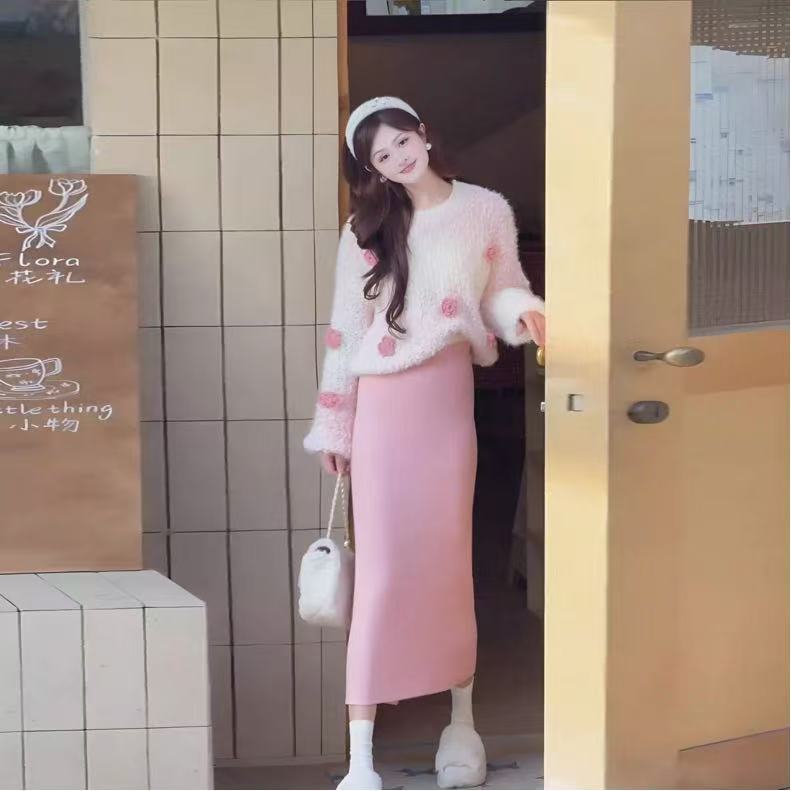 Suéter de Punto con Flores para Mujer de Poliéster con Cuello Redondo para Otoño e Invierno