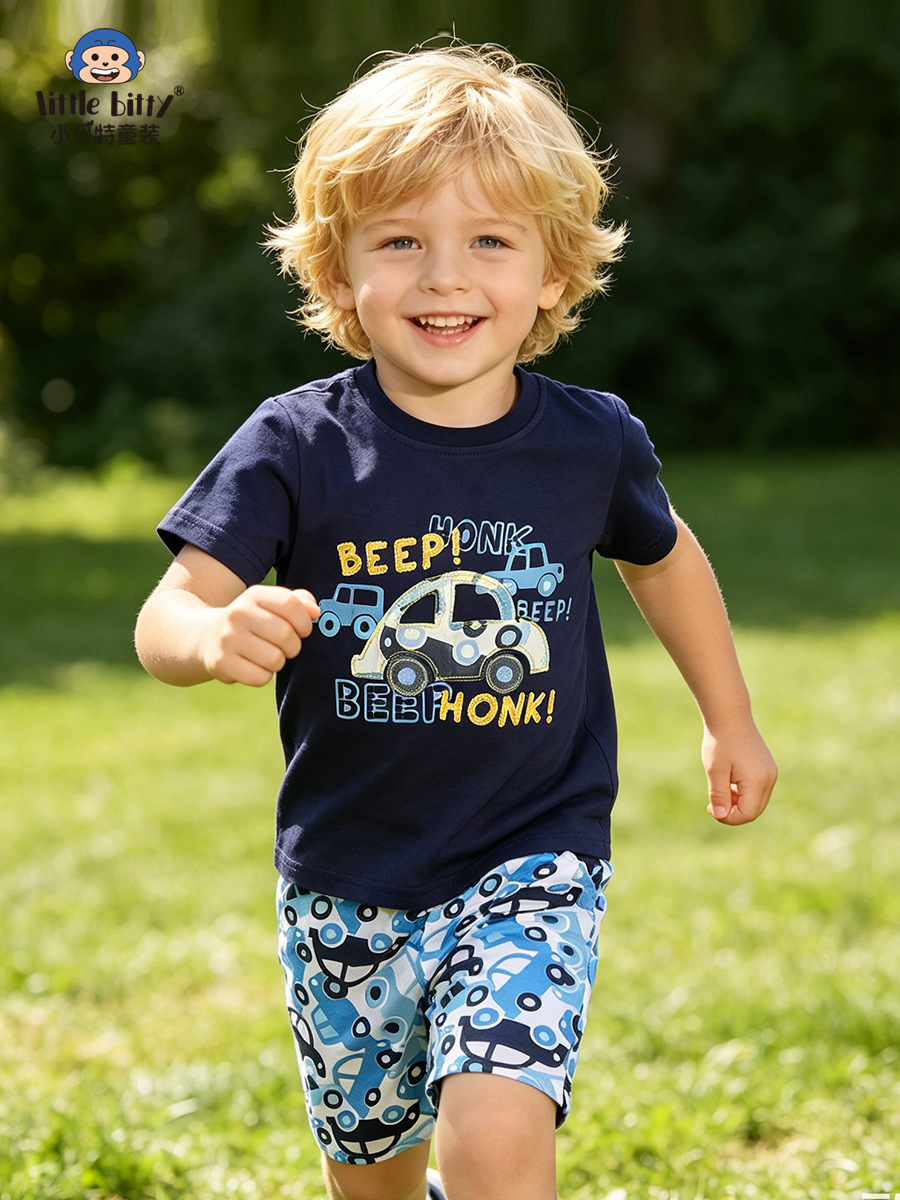 European and American Style 2026 Spring/Summer Children's Short-Sleeve Set with Cartoon Car Print, Round Neck, Two-Piece Set, In-Stock Clothing