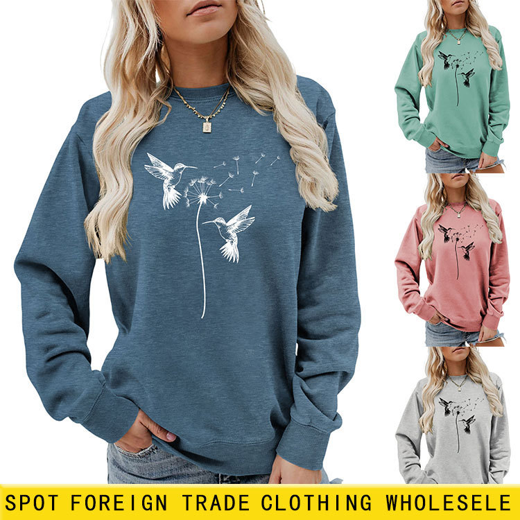 Amazon Ebay Independent Station Fashionable and Interesting Elegant Ladies Dandelion Two Birds Round Neck Long-Sleeved Sweatshirt Export
