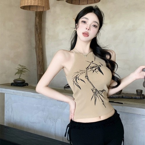 Retro print short suspender vest women's summer new tight-fitting and slimming inside with black hot girl outer top