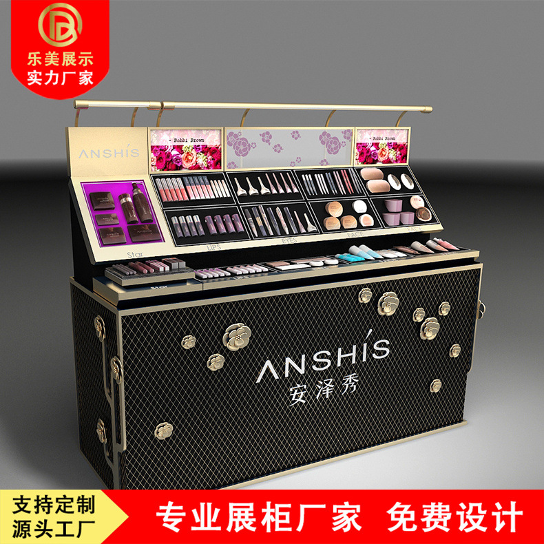 创意彩妆护肤品香水展示台木质烤漆不锈钢背柜中岛柜可来图设计