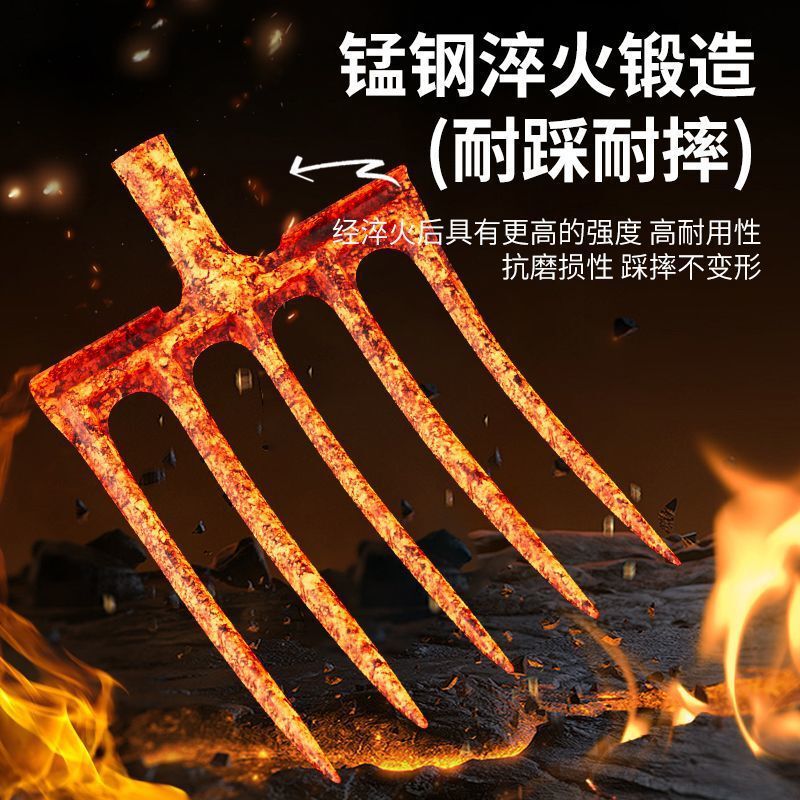 農業用耕運鋼フォーク、4本歯開墾、土掘り、土ほぐし、耕運フォーク、全鋼木製ポール、鉄フォークヘッド、農具5|undefined