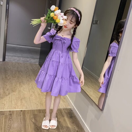 Girls' Summer Dress Children Spring and Autumn Style Big Kids Little Girls Stylish Short Sleeve Princess Dress