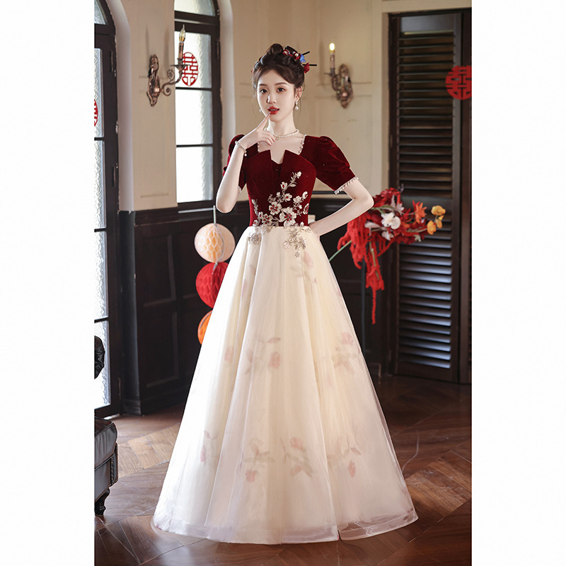 New Banquet Evening Dress, French Square Collar, Bride's Engagement Banquet Toast Dress, Elegant Elegant, Back Strap Design