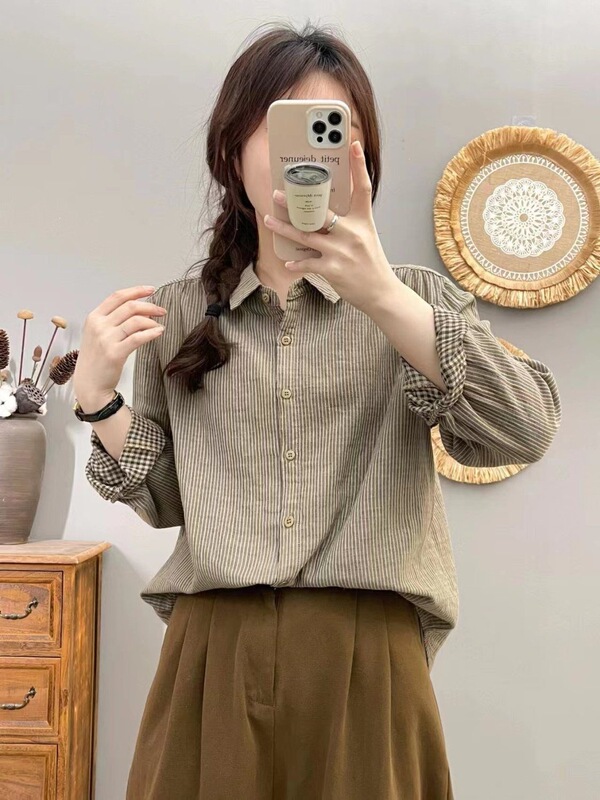 Cotton vintage-style fine striped shirt for women, double-layer cotton gauze long-sleeve shirt, new spring and autumn versatile shirt