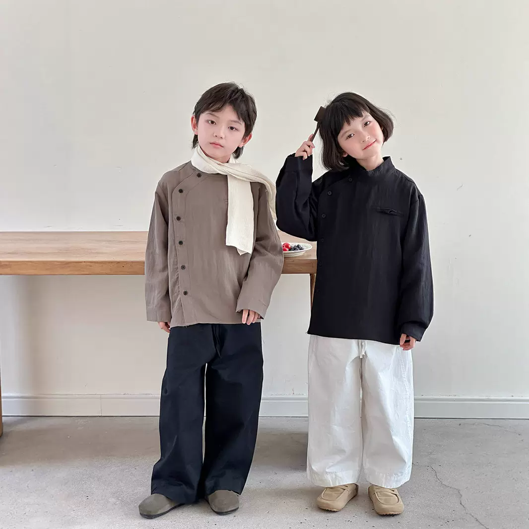 2025秋季新款韩版儿童设计款斜襟衬衫男女童时尚立领工匠风上衣潮