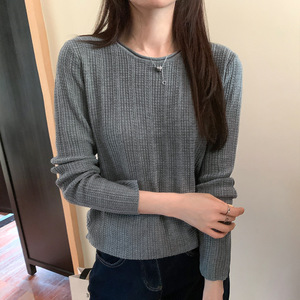 实拍图圆领长袖华夫格针织上衣女2024秋冬内搭新款慵懒小众毛衣