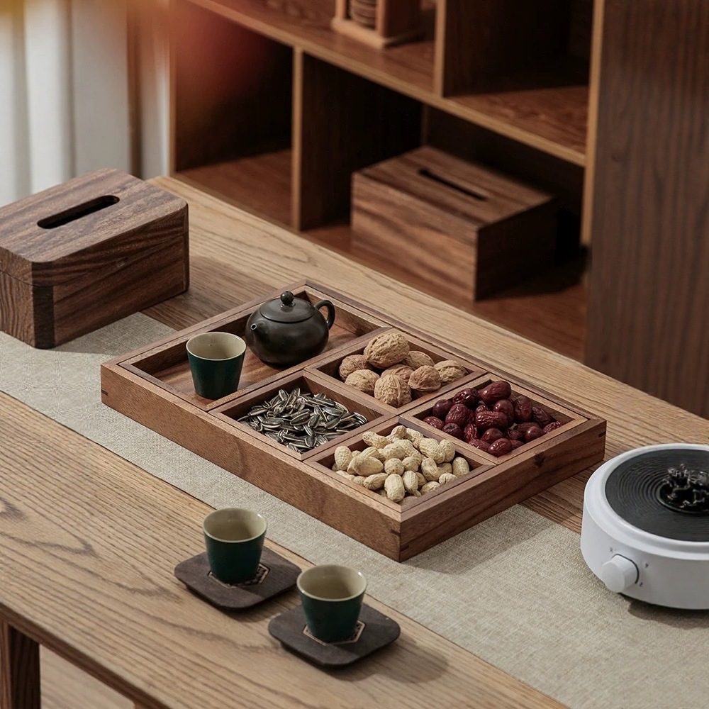 黑胡桃实木托盘日式长方形茶盘木质托盘家用茶水杯水具托盘六件套