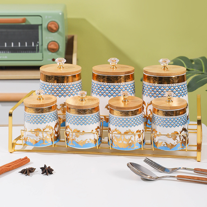 Juego de caja de condimento de comercio exterior de exportación frasco de condimento creativo con estante frasco de sellado de cerámica de lujo ligero frasco de almacenamiento de cocina