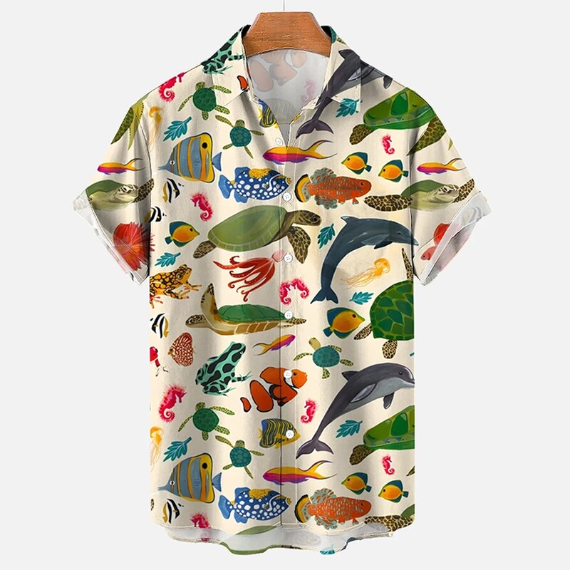 New Turtle Print Shirt Hawaiian Button Men's Beach Short Sleeve Casual Lapel