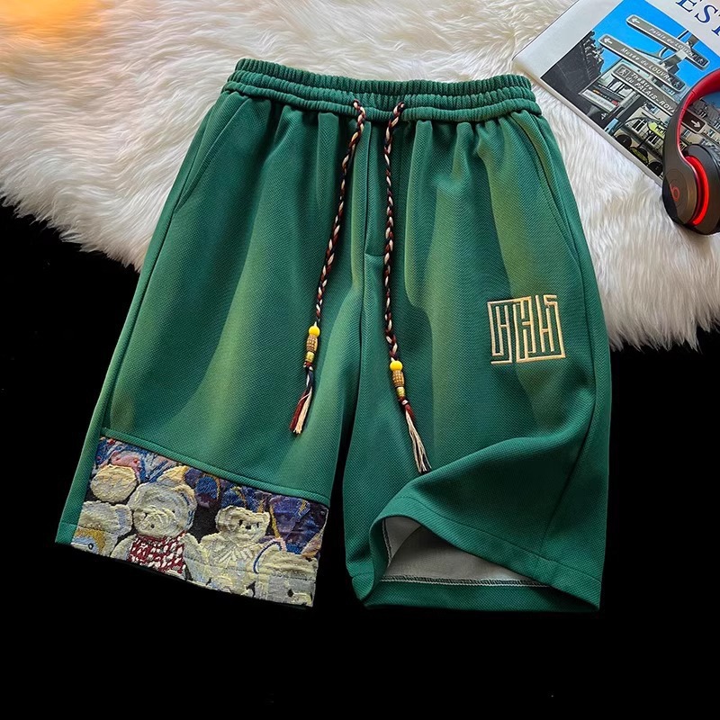 Men's Summer Waffle Shorts Bear Design Trendy Sporty Casual Loose Fitting Five Point mid Waist Drawstring Slacks_voghion.com