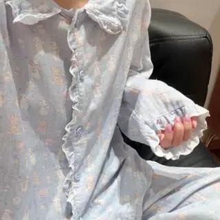 软萌可爱印花软绵绵睡衣女秋季荷叶边长袖长裤宽松家居服套装外穿