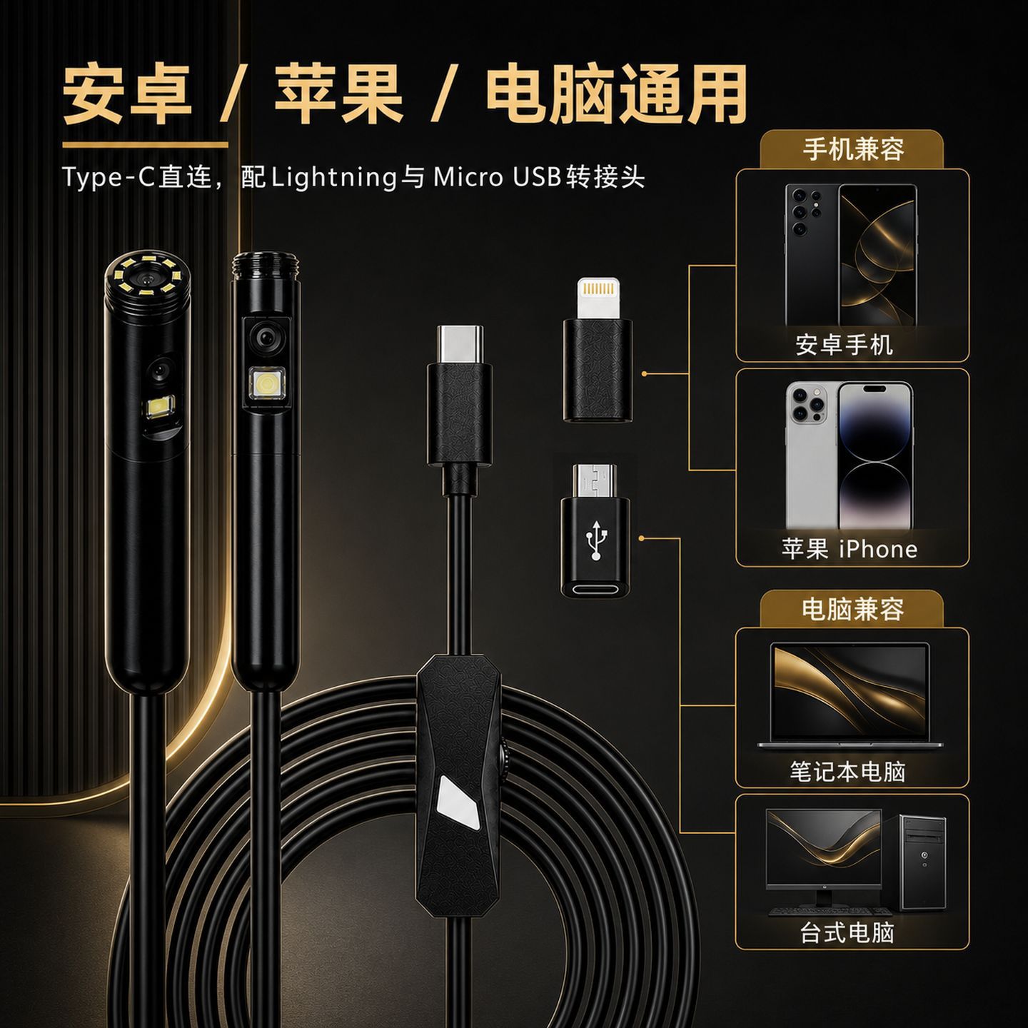 5.5mm Phone Endoscope 3-in-1 HD Industrial Borescope Camera Drainage Pipe Automotive Inspection Device