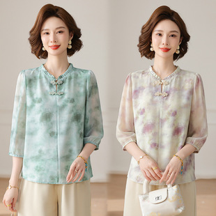 New Chinese-Style Summer T-Shirt for Mothers, Fashionable Middle-Aged and Elderly Women's New Three-Quarter Sleeve Chiffon Blouse for Wealthy Ladies