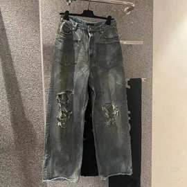 高版本B家23做旧破洞水洗牛仔裤BLCG宽松时尚牛仔裤男女情侣同款