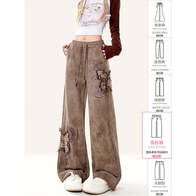 咖色蝴蝶贴布卫裤女秋冬新款美式复古休闲宽松阔腿运动加绒裤子