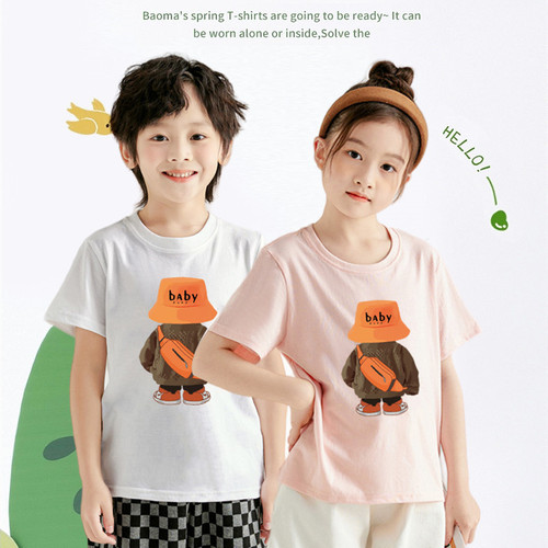 2024 summer short-sleeved family of three and four high-end parent-child wear trendy brand backpack bear print couple T-shirt