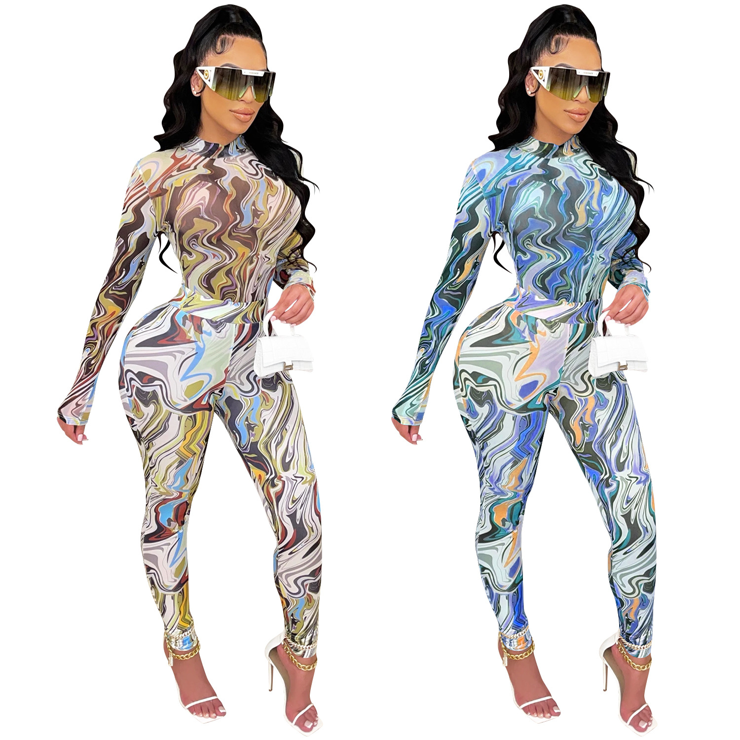 C5505 AliExpress amazonwish moda de mujer pintada pantalones de manga larga ajustada malla de perspectiva de dos piezas