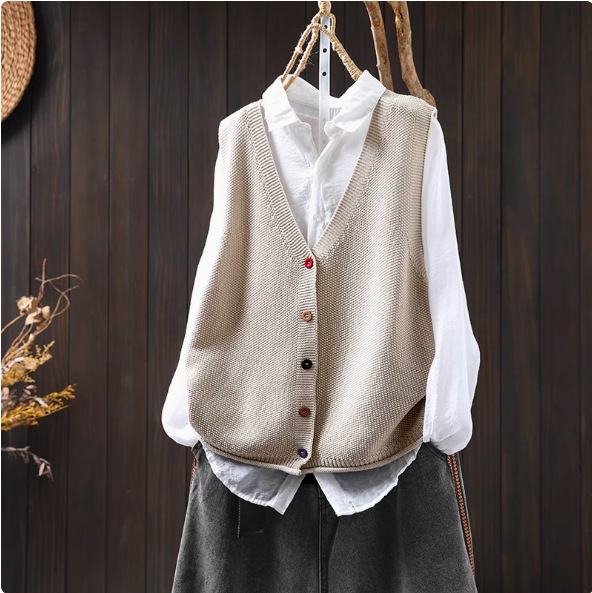 2026 Spring and Autumn Colorful Button V-Neck Cotton Knit Vest Cardigan for Women, Loose Fit, Slimming, New Casual Layered Waistcoat