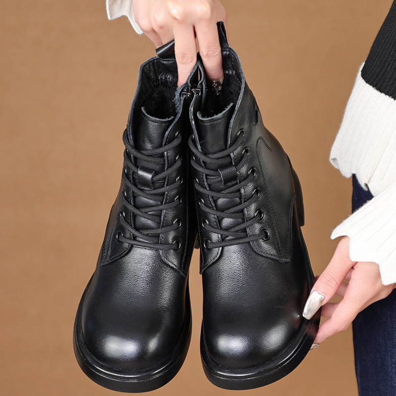 Genuine Leather Martin Boots, Winter Warm Fleece-Lined Short Boots, British Style Middle-Aged Women's High-Heeled Cotton Boots, Non-Slip Thick-Soled Boots
