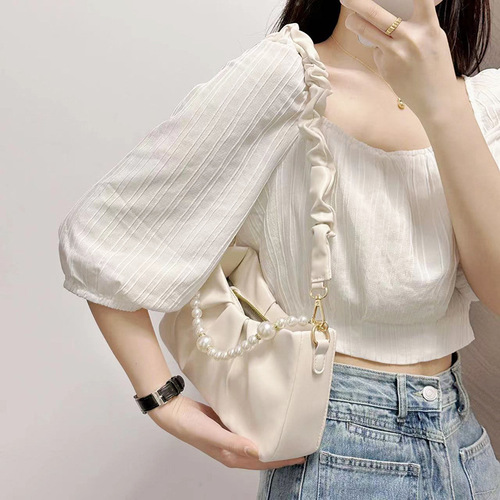 French versatile white pleated cloud bag for women 2024 new pearl chain armpit bag single shoulder crossbody bag for women