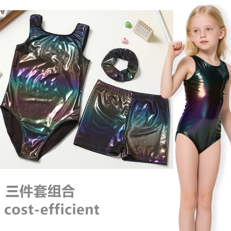 烫金舞蹈服女童芭蕾服儿童体操服表演服紧身衣连体衣短裤头三件套|undefined