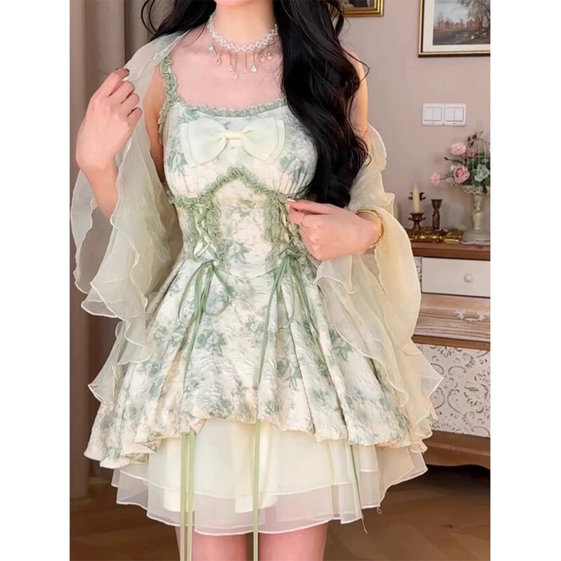 Forest Elf Suspender Dress for Women, Summer Sweet Fairy Princess Dress with Bow, Waist-Cinching, Flower Bud, Puffy Skirt