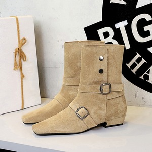 8628-1 Western Short Boots Retro Square Head Belt Buckle Thick Heel Suede Folding Two Wear Thin Single Boots Middle Boot