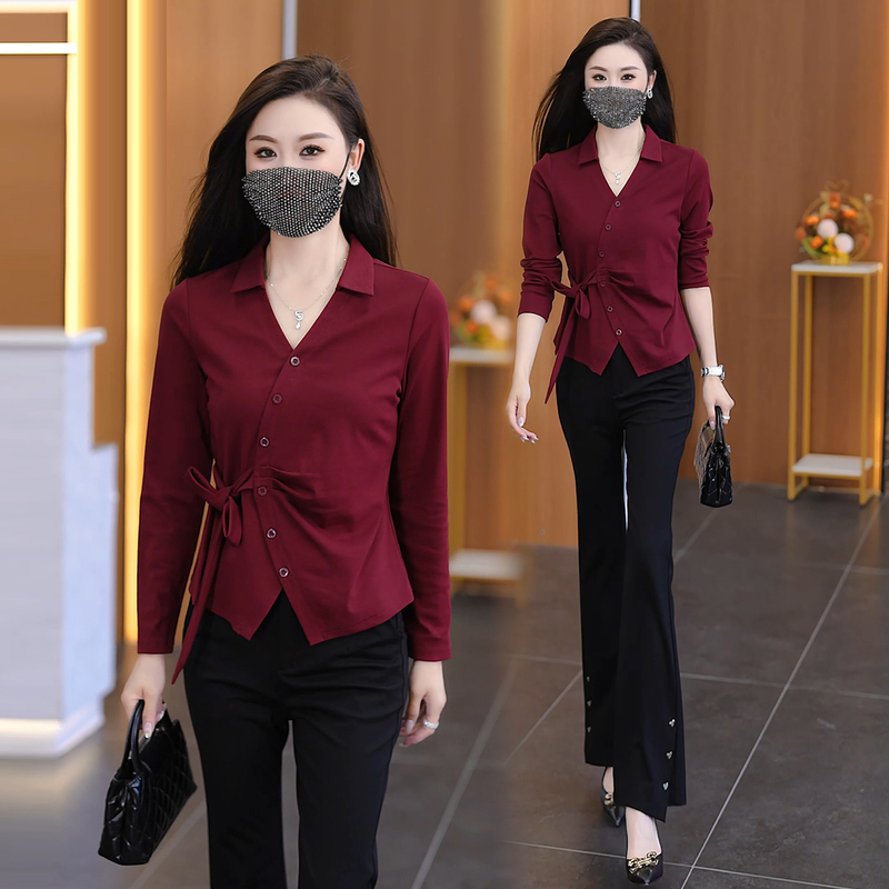 时尚洋气V领T恤女2025早秋新款设计感小众宽松显瘦百搭打底衫上衣|undefined