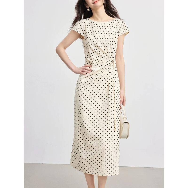 2026 Summer New Style French Romantic Waist-Cinching Black and White Polka Dot Dress A-Line Long Skirt Short-Sleeved Slit Women's m 2026 Summer New Style French Romantic Waist-Cinching Black and White Polka Dot Dress A-Line Long Skirt Short-Sleeved Slit Women's m