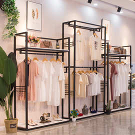 服装店展示架双层铁艺实木服装架落地式男女服装货架时装店挂衣架