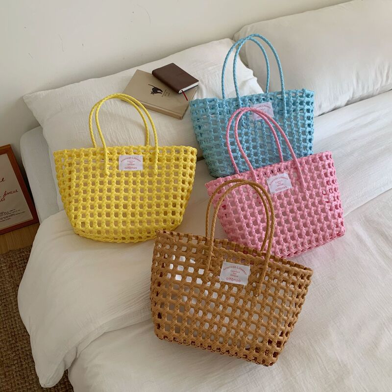 Summer Dopamine Handmade Woven Bag, Hand-Held Vegetable Basket Bag, Gift Bag, High-End Seaside Vacation Beach Bag