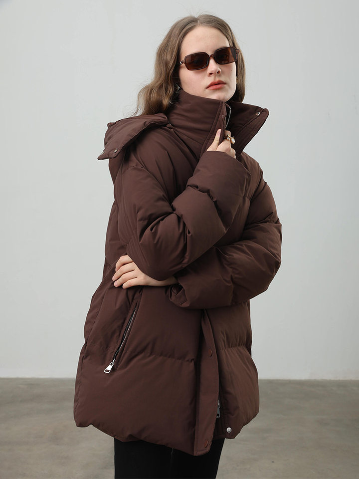 Áo khoác bông nữ có mũ, khóa kéo, thắt eo dáng ôm, dài trung bình, chất liệu polyester dày — màu nâu, màu đen, quả mơ chi tiết 44